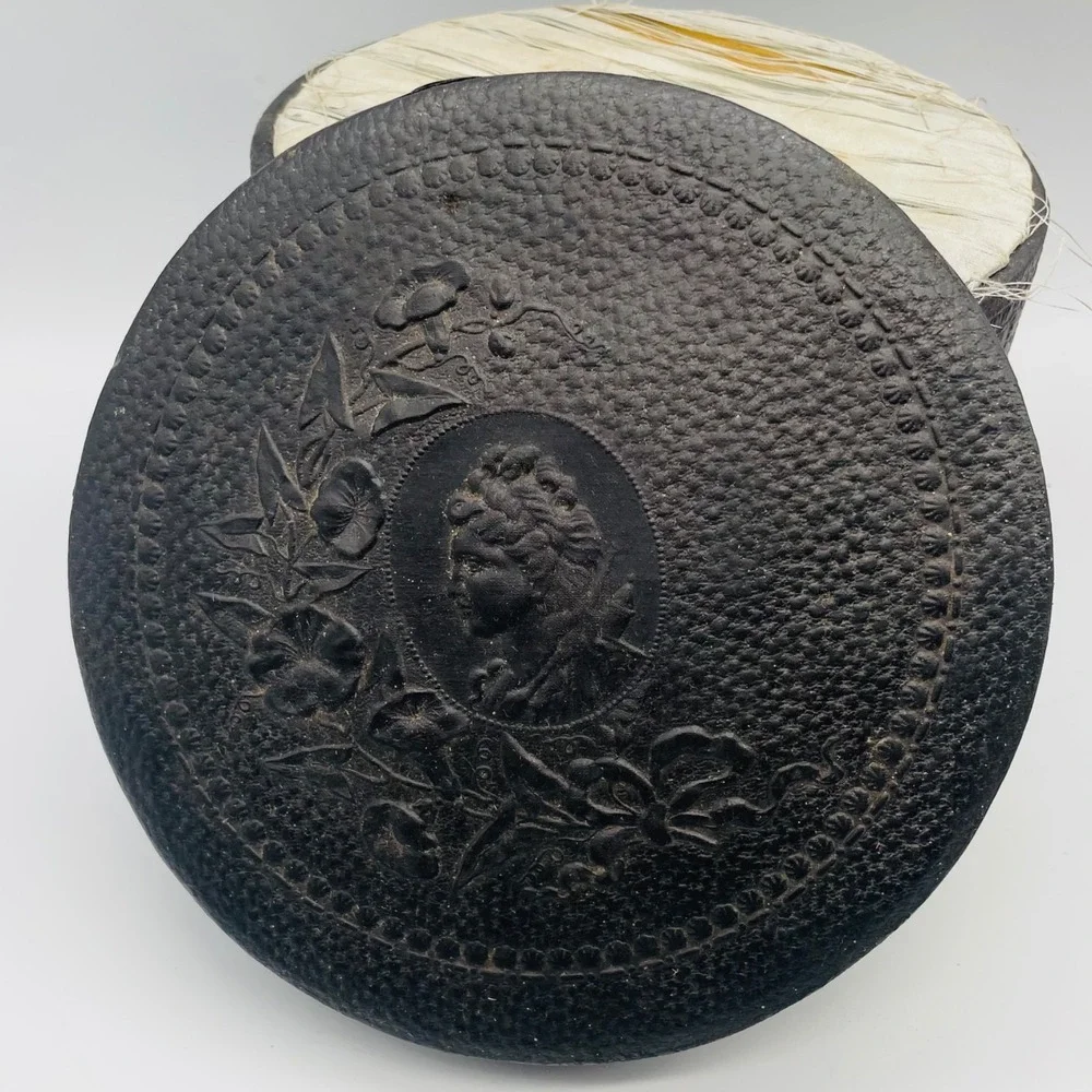 Antique Round Leather Collar Box Embossed Cameo Portrait Black